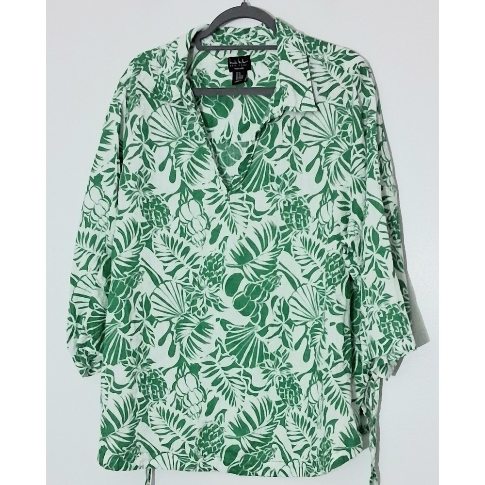 Nicole Miller Blouse Size 2X 100% Linen Green White Pullover V-Neck Tie Sides